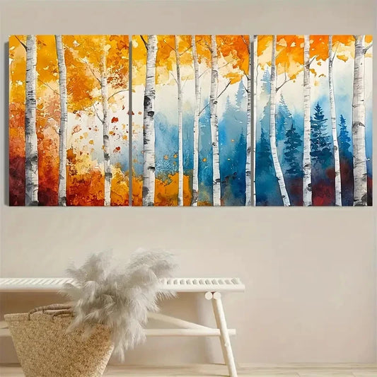 3pcs Autumn Birch Tree Vibrant Fall Forest Scene Metal Print Ready to Hang Art