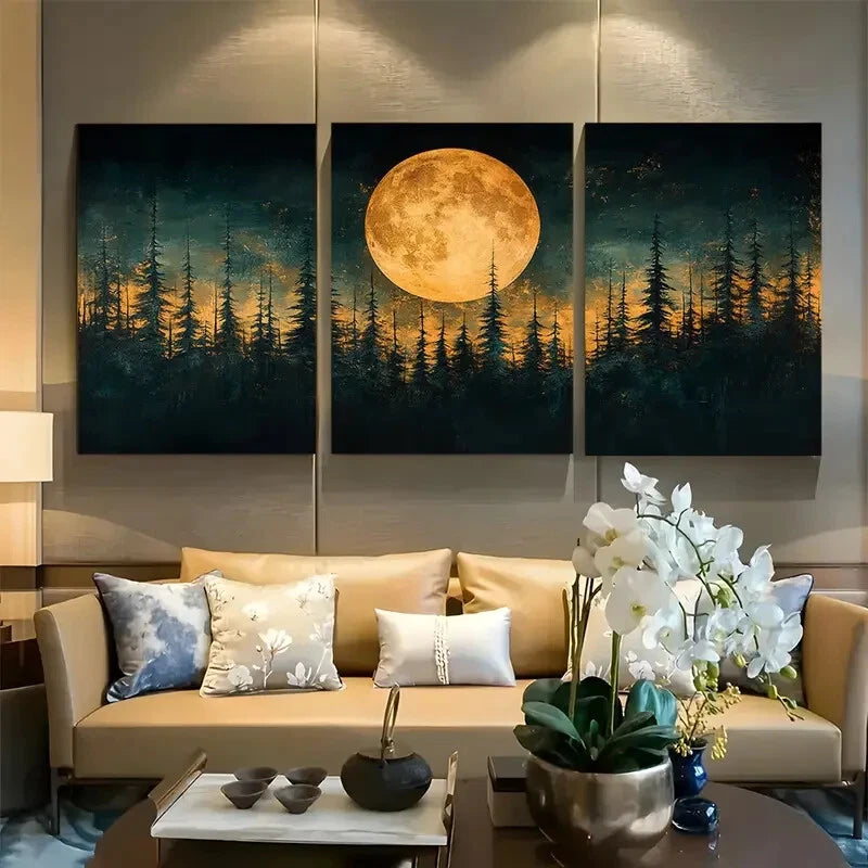 3pcs Golden Moonlit Forest Nature Metal Print Ready to Hang Art
