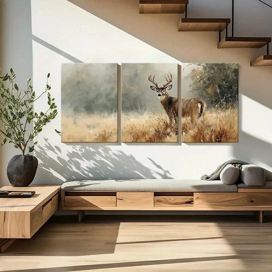 3pcs Artistic Deer Landscape Painting Wildlife Metal Print Ready to Hang Art