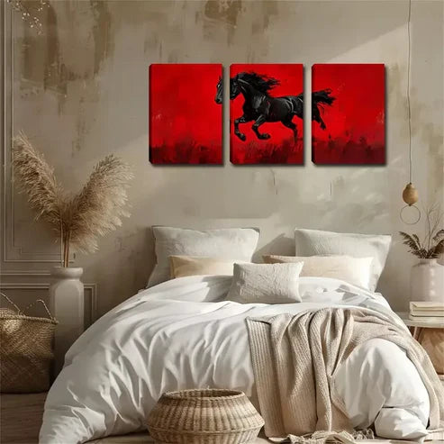 3pcs Red Background, Black Horse Wall Art Set Wall Art Canvas Unframed - High Quality Print 100% Australian Made Wall Canvas