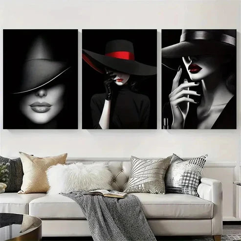 3pcs Chic Lady in Black Fedora Wall Art Set Canvas Unframed – High Quality Print 100% Australian Made Wall Canvas