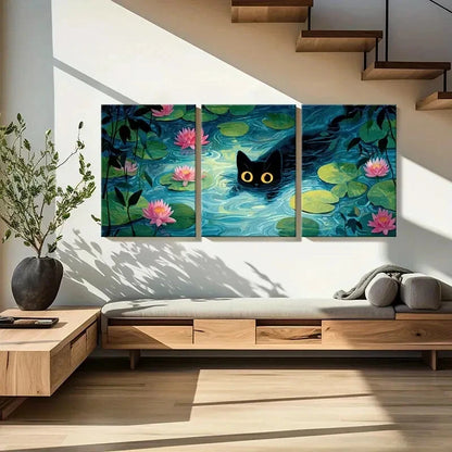 3pcs Black Cat for Lotus Pond Night Scene Metal Print Ready to Hang Art
