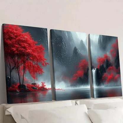 3pcs Fantasy Red Trees & WaterfallsT Wall Art Set Canvas Framed 60x90cm - High Quality Print 100% Australian Made Wall Canvas Ready to Hang