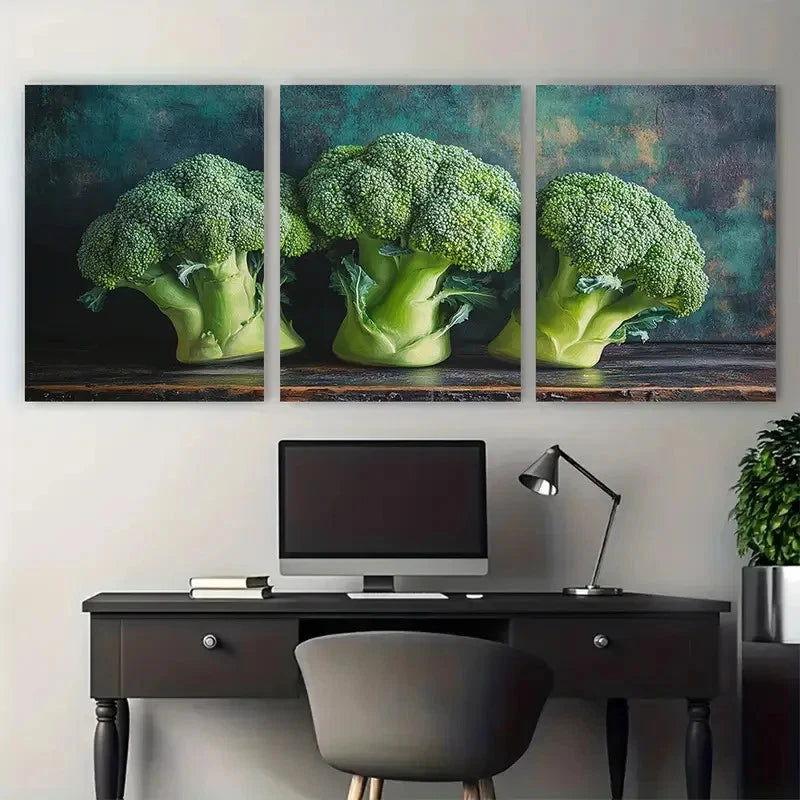 3pcs Broccoli Vegetables Kitchen Design Wall Art Set Canvas Framed 40x60cm - High Quality Print 100% Australian Made Wall Canvas Ready to Hang