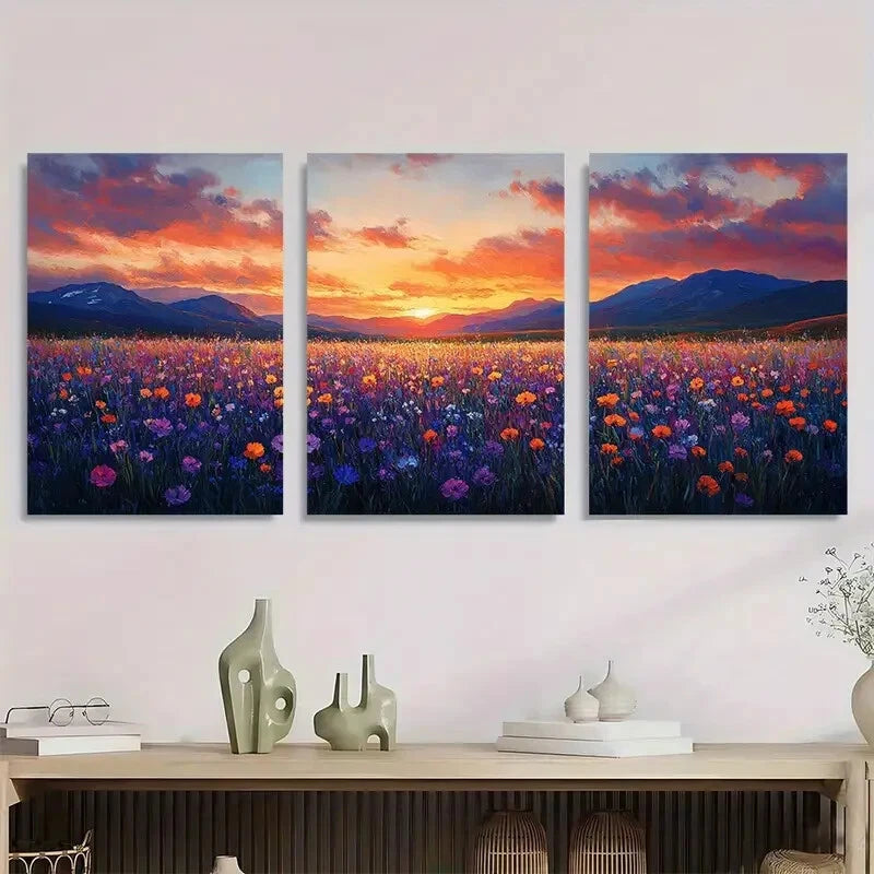 3pcs Sunset Wildflower Textured Metal Print Ready to Hang Art