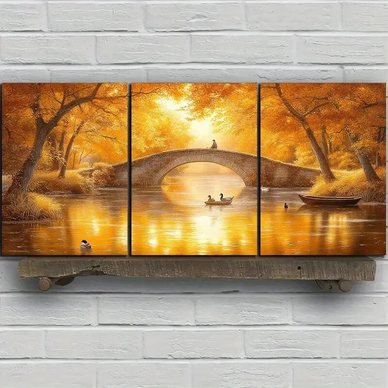 3pcs The Boatman Under The Stone Arch Bridge Metal Print Ready to Hang Art