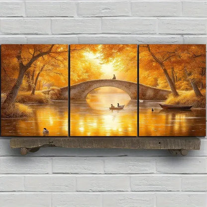 3pcs The Boatman Under The Stone Arch Bridge Metal Print Ready to Hang Art