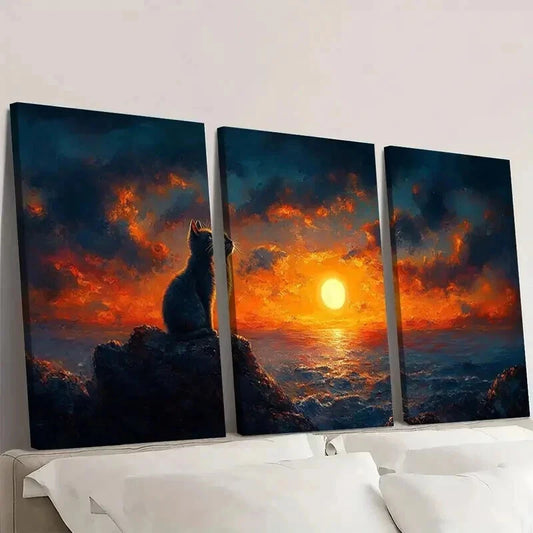 3pcs Sunset Ocean Scene with Black Cat Wall Art Set Canvas Framed 40x60cm - High Quality Print 100% Australian Made Wall Canvas Ready to Hang