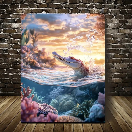 Vibrant Cartoon Crocodile Splashing Painting 40x60cm Metal Print Ready to Hang