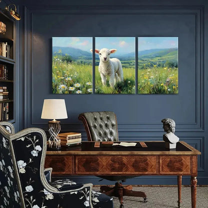 3pcs Pastoral Landscape with Lamb in Spring Meadow Metal Print Ready to Hang Art