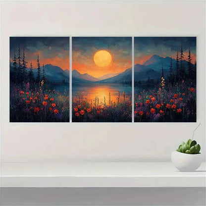 3pcs Moonlit Meadow Wildflower Paintings Metal Print Ready to Hang Art