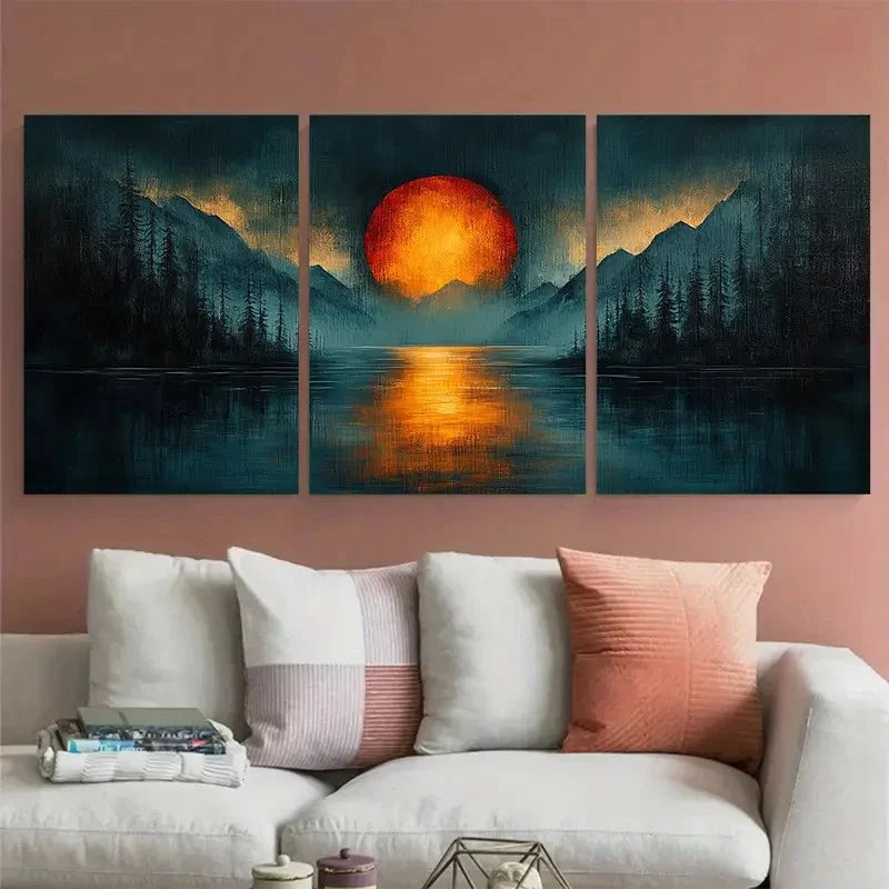 3pcs Cold Toned Blues Grunge Orange Sunset View Wall Art Set Canvas Framed 40x60cm - High Quality Print 100% Australian Made Wall Canvas Ready to Hang