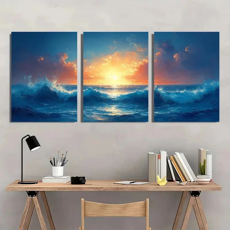 3pcs Abstract Blue Ocean Seascape Oil Paintings Metal Print Ready to Hang Art
