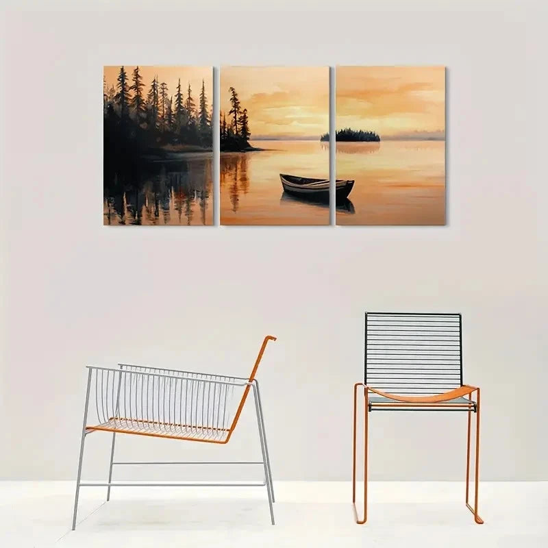 3pcs Sunset Lake Scene with Boat Wall Art Set Canvas Framed 40x60cm - High Quality Print 100% Australian Made Wall Canvas Ready to Hang