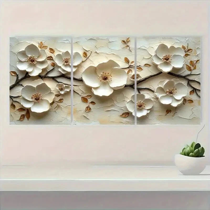 3pcs White Floral Texture Artwork Beige Minimalist Metal Print Ready to Hang Art
