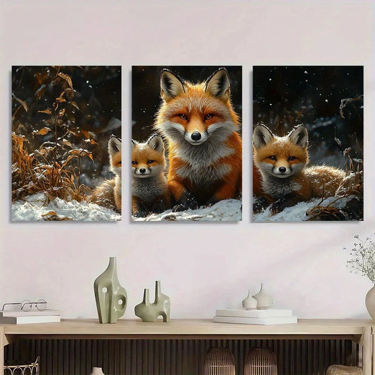 3pcs Fox Family Snowy Winter Scene Vibrant Metal Print Ready to Hang Art