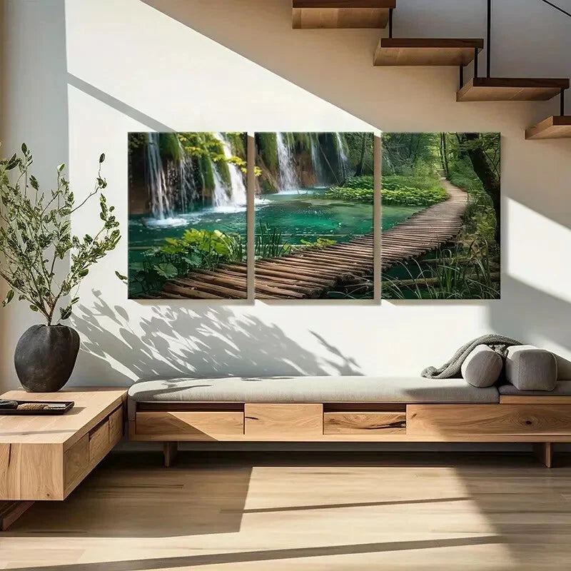 3pcs Waterfall Pond Wooden Pathway Metal Print Ready to Hang Art