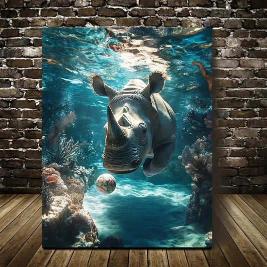 Underwater Rhino Playing with Ball Painting 40x60cm Metal Print Ready to Hang