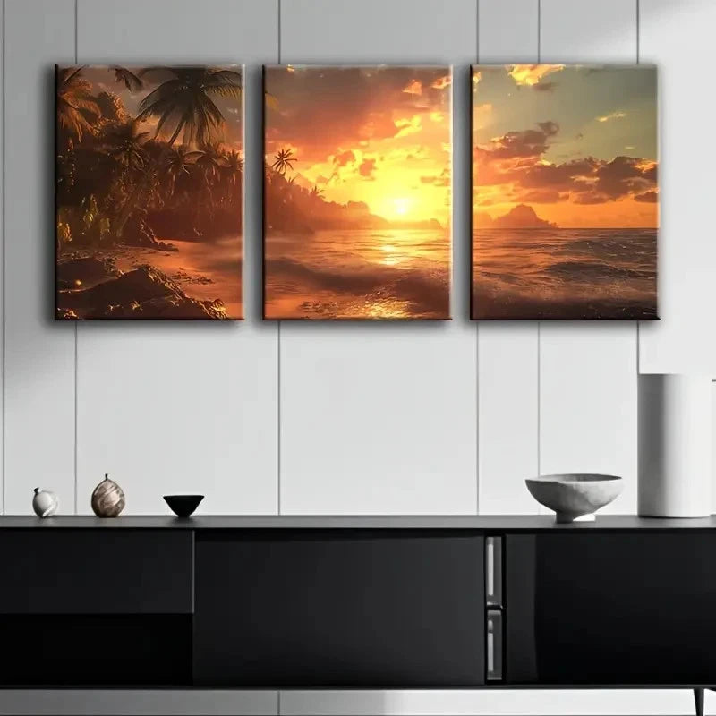 3pcs Sunset Beach Scene Wall Art Set Canvas Framed 40x60cm - High Quality Print 100% Australian Made Wall Canvas Ready to Hang