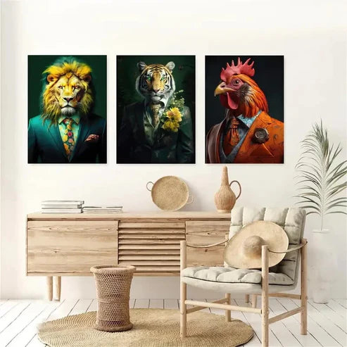 3pcs Rooster Tiger Lion Portrait Décor Wall Art Set Canvas Unframed - High Quality Print 100% Australian Made Wall Canvas