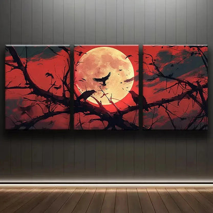 3pcs Set of Crows & Scarlet Moon Silhouettes Metal Print Ready to Hang Art