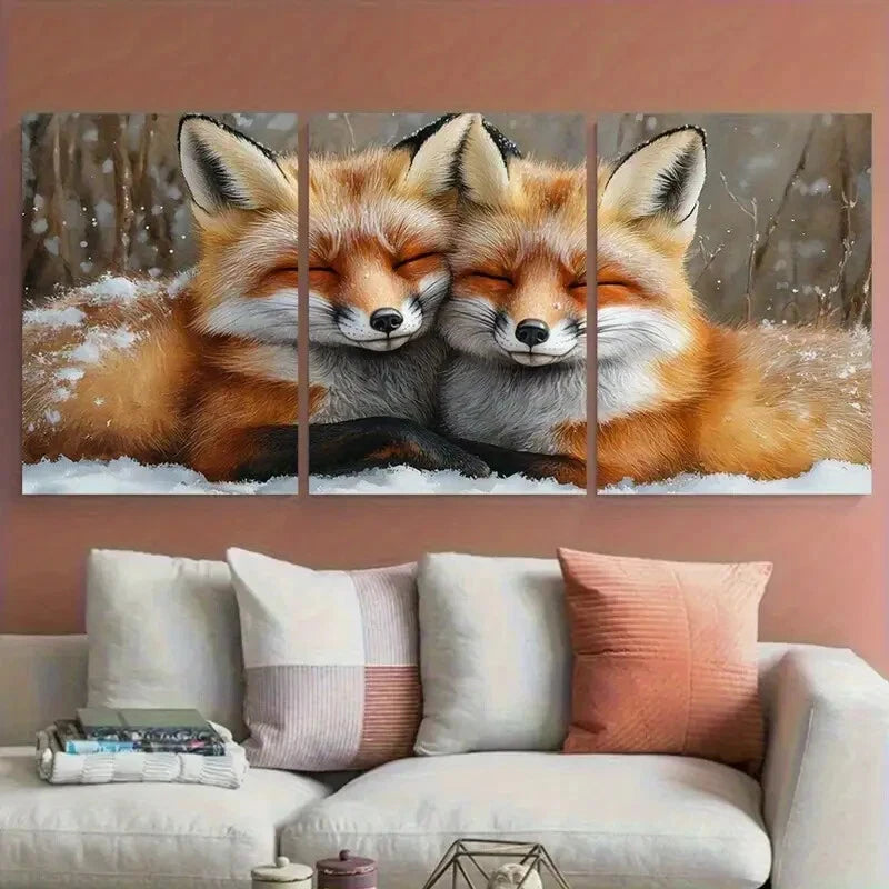 3pcs Two Wild Foxes Snuggling Metal Print Ready to Hang Art