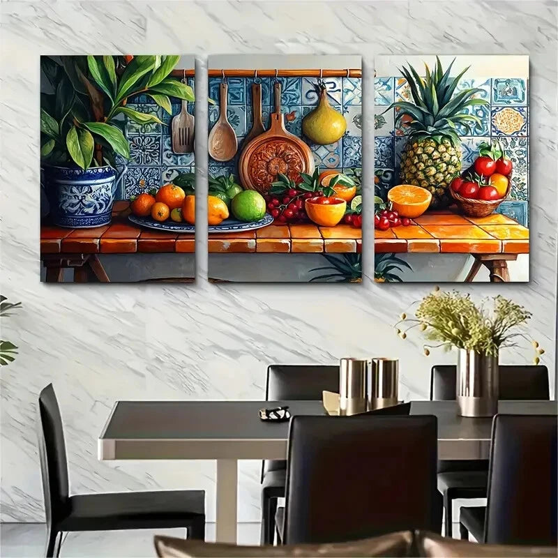 3pcs Vibrant Ceramic Tiles & Tropical Fruits Metal Print Ready to Hang Art