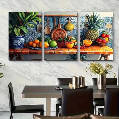3pcs Vibrant Ceramic Tiles & Tropical Fruits Metal Print Ready to Hang Art
