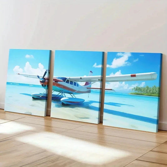 3pcs Australian Tropical Seaplane Beach Landing Wall Art Set Canvas Framed 60x90cm - High Quality Print 100% Australian Made Wall Canvas Ready to Hang