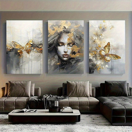 3pcs Abstract Female with Butterfly Oil Painting Metal Print Ready to Hang Art