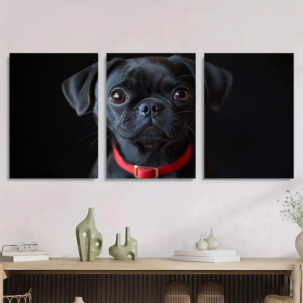 3pcs Black Pug Elegant Red Belt Metal Print Ready to Hang Art
