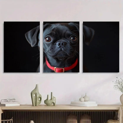 3pcs Black Pug Elegant Red Belt Metal Print Ready to Hang Art