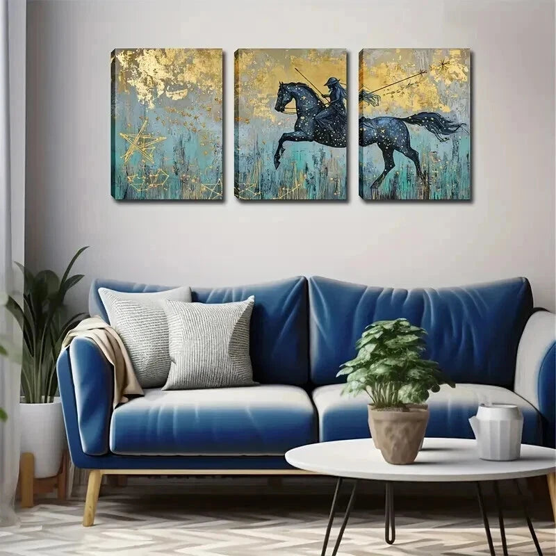 3pcs Realistic Starry Night Black Horse Perfect Wall Art Set Canvas Framed 50x70cm - High Quality Print 100% Australian Made Wall Canvas Ready to Hang