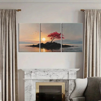 3pcs Sunset Solitude Red Tree Rocky Island Metal Print Ready to Hang Art