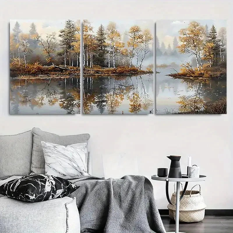 3pcs Autumn Reflections Serene Lake & Trees Metal Print Ready to Hang Art