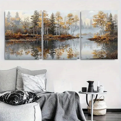 3pcs Autumn Reflections Serene Lake & Trees Metal Print Ready to Hang Art