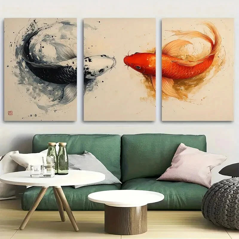 3pcs Koi Fish Yin Yang Canvas Japanese Ink Drawing Metal Print Ready to Hang Art