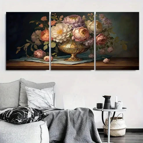 3pcs Vintage Peony Bouquet Oil Painting Wall Art Canvas Unframed - High Quality Print 100% Australian Made Wall Canvas