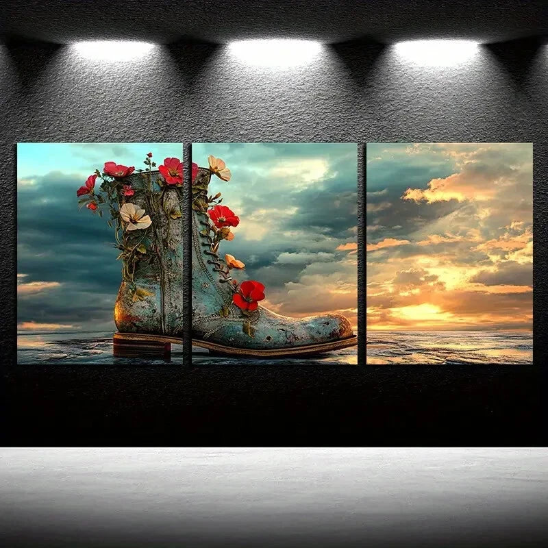 3pcs Vibrant Flower Filled Boots Beach Scene Metal Print Ready to Hang Art