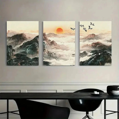 3pcs Chinese Landscape with Mountains And Clouds Metal Print Ready to Hang Art