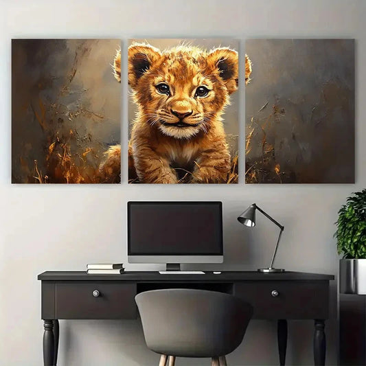 3pcs Lion Cub Portrait Illustration Metal Print Ready to Hang Art