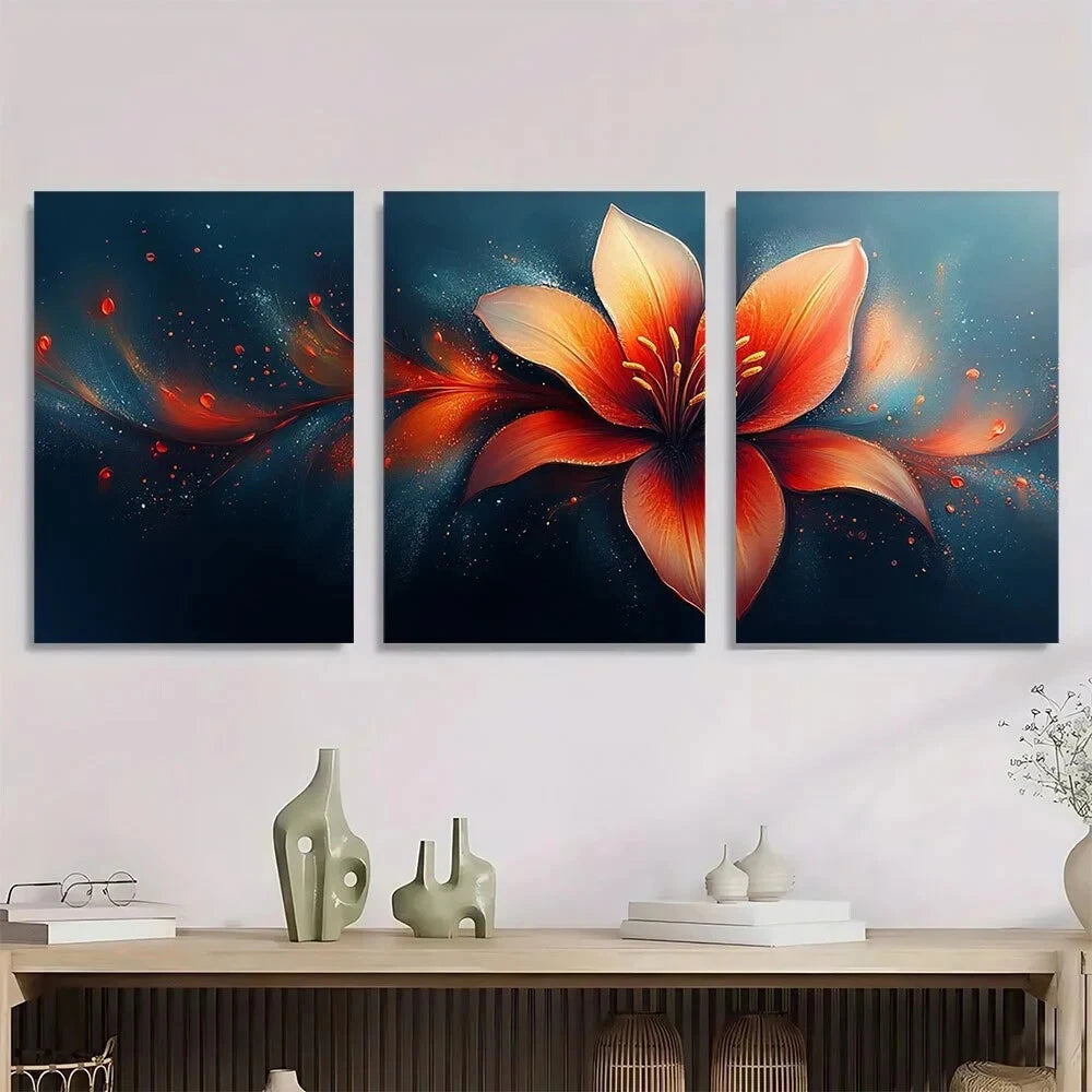 3pcs Vibrant Abstract Lily Orange Red & Blue Metal Print Ready to Hang Art