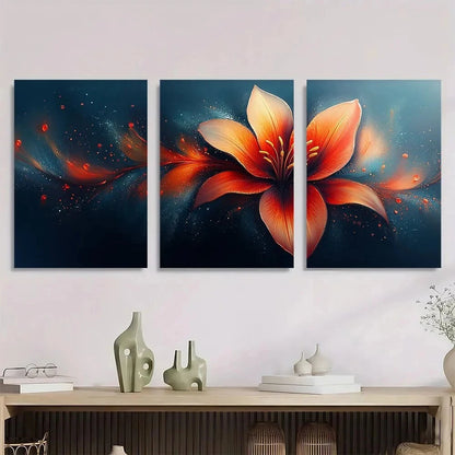 3pcs Vibrant Abstract Lily Orange Red & Blue Metal Print Ready to Hang Art