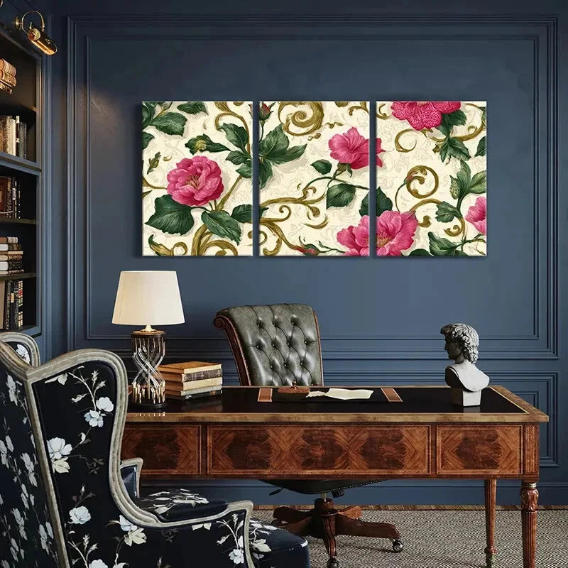 3pcs Vintage Rose & Intricate Vine Design Metal Print Ready to Hang Art