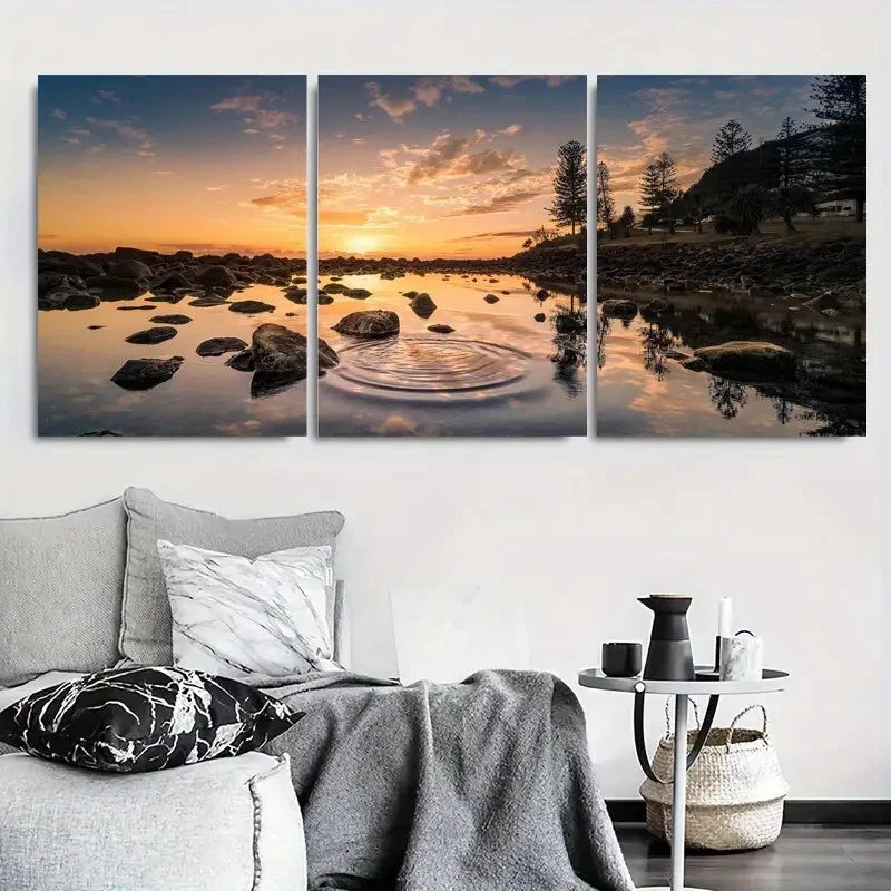 3pcs Sunset Reflection Lake & Rocks Metal Print Ready to Hang Art