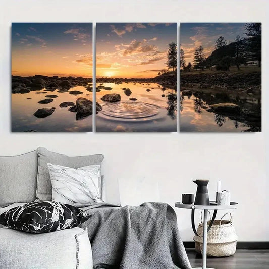 3pcs Sunset Reflection Lake & Rocks Metal Print Ready to Hang Art