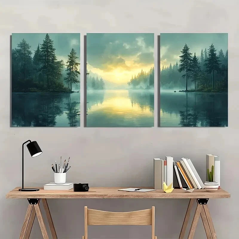 3pcs Serene Landscape with Soft Pastel Sky Metal Print Ready to Hang Art