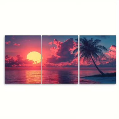 3pcs Vibrant Sunrise Palm Tree Metal Print Ready to Hang Art