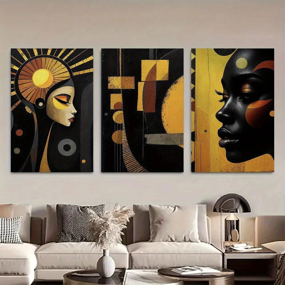 3pcs Bold Afrocentric Modern Black Woman Golden Metal Print Ready to Hang Art