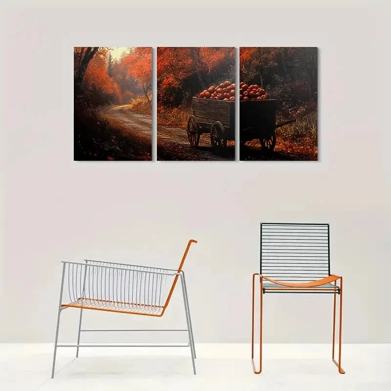 3pcs Autumn Harvest Rustic Apple Cart Scene Metal Print Ready to Hang Art